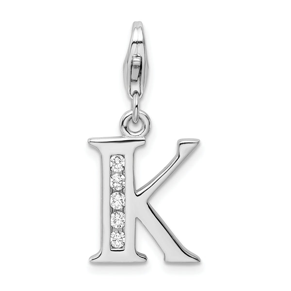 Carat in Karats Sterling Silver Polished Finish Rhodium-Plated CZ Letter K Initial Charm With Fancy Lobster Clasp Pendant (.5 In x 12mm)