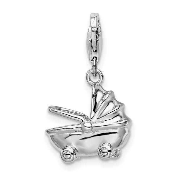 Carat in Karats Sterling Silver Polished Rhodium-Plated 3-D Small Carriage With Fancy Lobster Clasp Charm Pendant (1.33 Inch x 0.51 Inch)