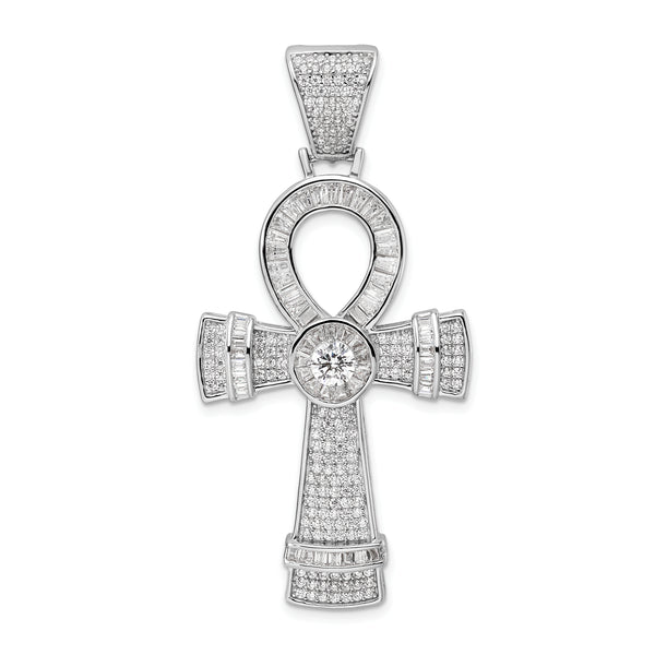 Carat in Karats Sterling Silver Polished Finish Rhodium-Plated CZ Ankh Cross Charm Pendant (54.13mm x 26.4mm)