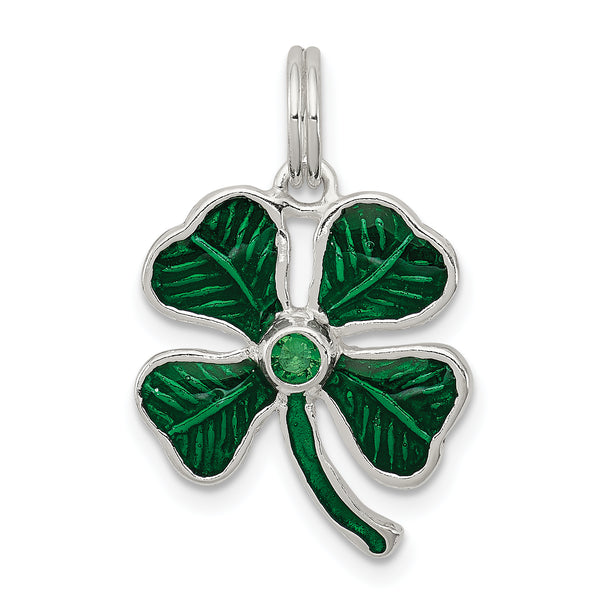 Carat in Karats Sterling Silver Polished Enameled 4-Leaf Clover With Green Glass Stone Charm Pendant (0.86 Inch x 0.47 Inch)