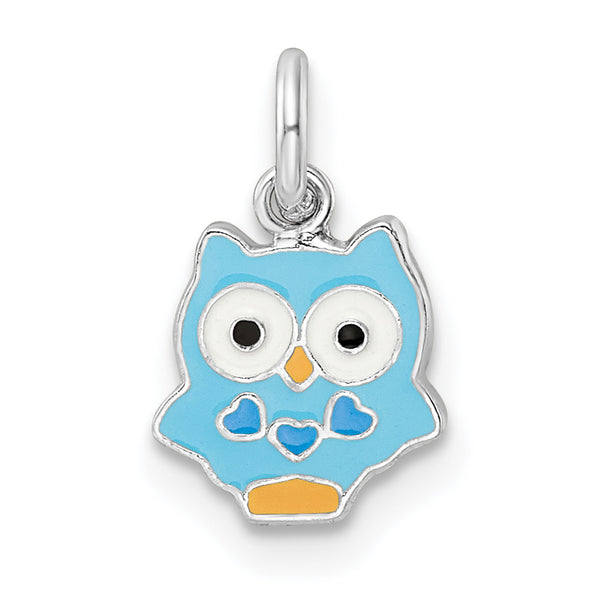 Carat in Karats Sterling Silver Polished Rhodium-Plated Enamel Small Blue Owl Charm Pendant (0.53 Inch x 0.32 Inch)