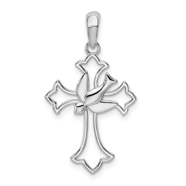 Carat in Karats Sterling Silver Polished Finish Cut-Out Fleur De Lis Cross With Dove Charm Pendant (22.95 mm x 17.4 mm)