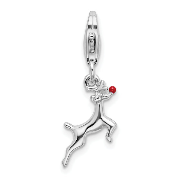 Carat in Karats Sterling Silver Polished Finish Rhodium-Plated 3-D Enameled Reindeer Charm With Fancy Lobster Clasp Pendant (19mm x 14mm)