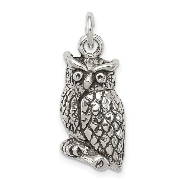 Carat in Karats Sterling Silver Antiqued Textured Perched Owl Charm Pendant (21 mm x 11.15 mm)