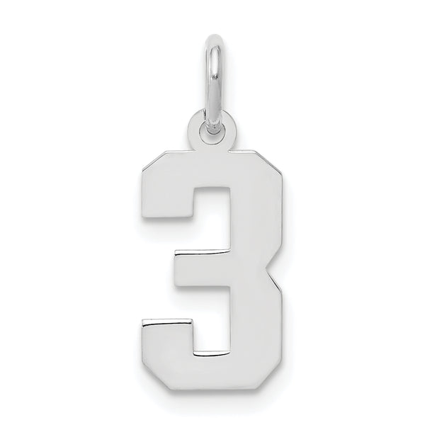 Carat in Karats Sterling Silver Polished Rhodium-Plated Number 3 Charm Pendant (0.78 Inch x 0.15 Inch)