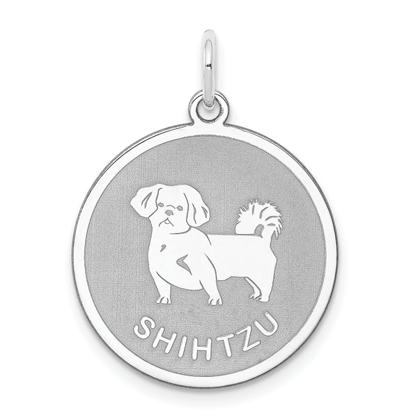 Carat in Karats Sterling Silver Laser Design Rhodium-Plated Shih Tzu Disc Charm Pendant (1.02 Inch x 0.74 Inch)