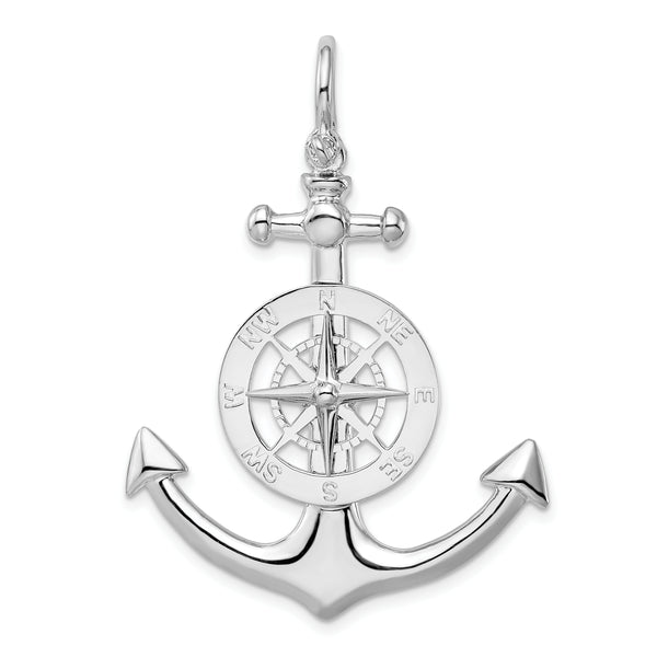 Carat in Karats Sterling Silver Polished Finish 3D Large Anchor With Compass Charm Pendant (44.8mm)