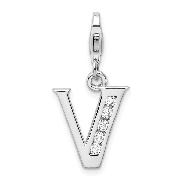 Carat in Karats Sterling Silver Polished Finish Rhodium-Plated CZ Letter V Initial Charm With Fancy Lobster Clasp Pendant (.5 In x 12mm)