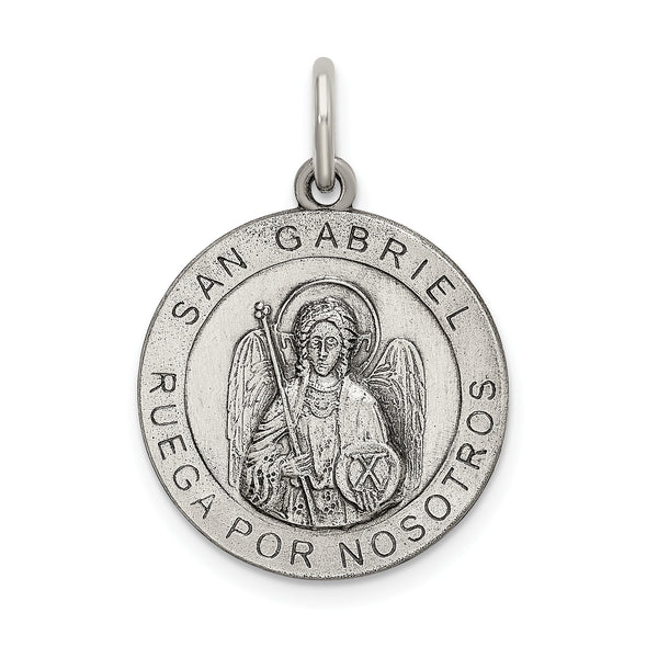 Carat in Karats Sterling Silver Antiqued Satin Antiqued Spanish St. Gabriel Medal Charm Pendant (28mm x 19mm)