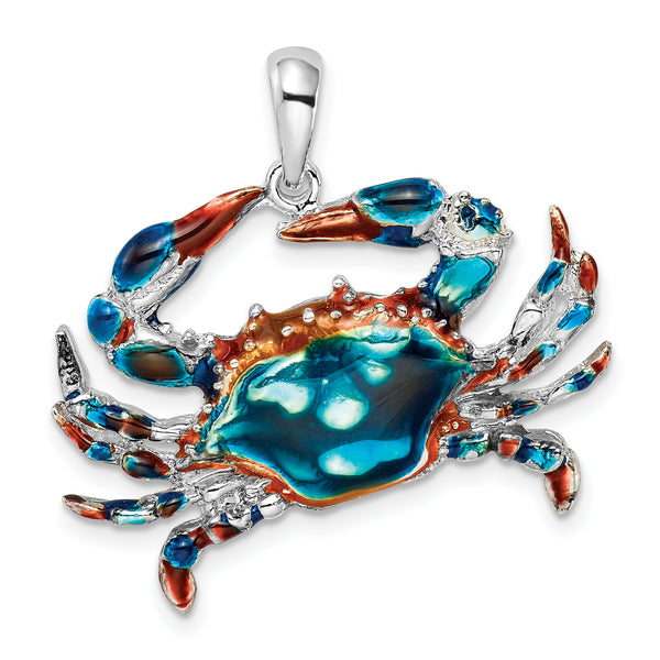 Carat in Karats Sterling Silver Polished Finish Enameled Blue Crab Charm Pendant (29mm x 28.5mm)