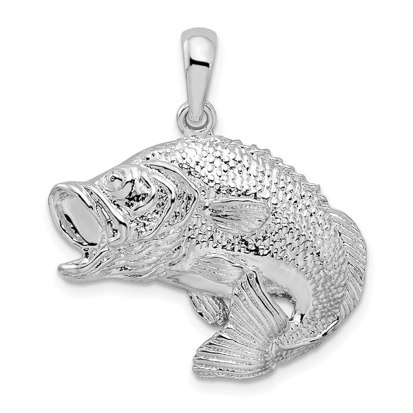 Carat in Karats Sterling Silver Polished Finish Jumping Bass Fish Charm Pendant (28mm x 27mm)