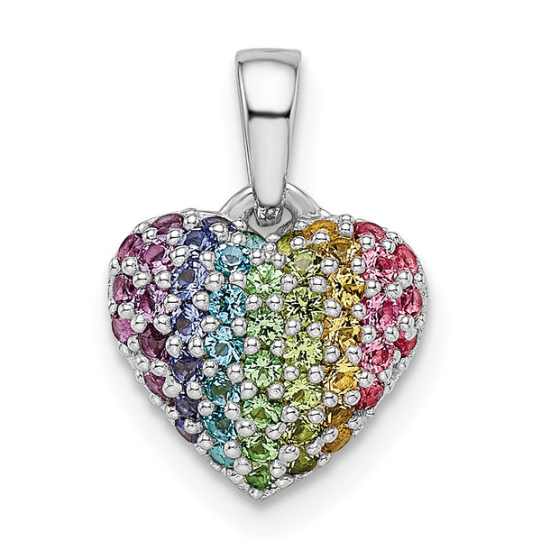 Carat in Karats Sterling Silver Polished Finish Rhodium-Plated Rainbow Nano Crystal Heart Charm Pendant (14.63mm x 10.47mm)