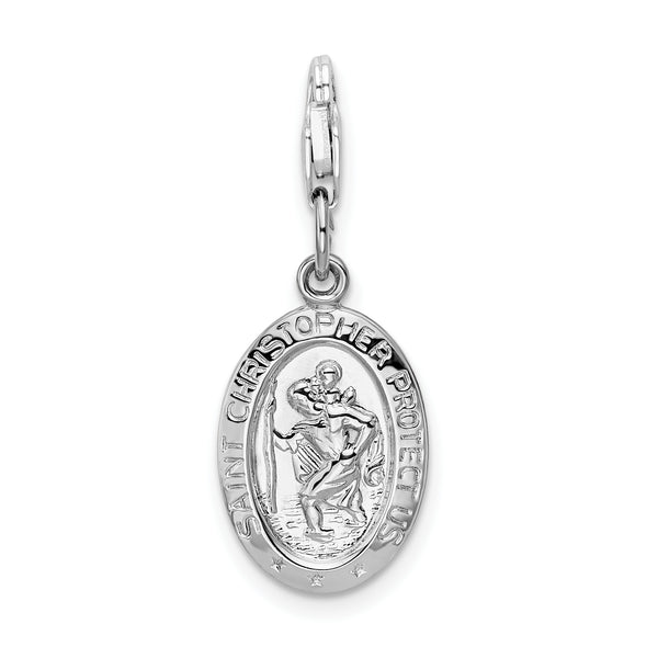 Carat in Karats Sterling Silver Polished Finish Rhodium-Plated Saint Christopher Medal Charm With Fancy Lobster Clasp Pendant (37mm x 10mm)