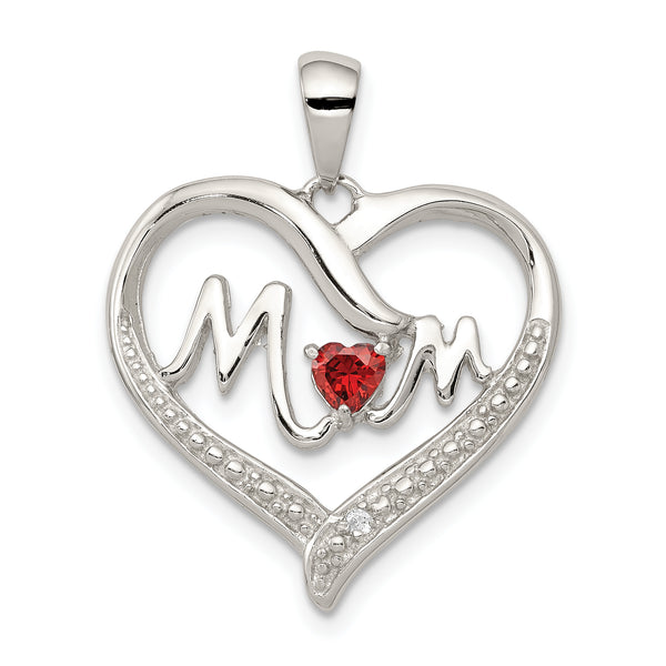 Carat in Karats Sterling Silver Polished Finish Rhodium-Plated Red CZ Heart CZ Mom Heart Charm Pendant (22mm x 21mm)