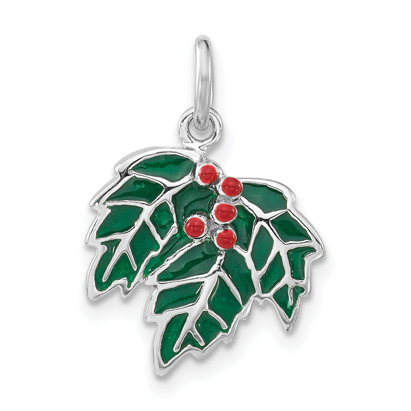 Carat in Karats Sterling Silver Polished Finish Enameled Holly Charm Pendant (21.5mm x 15.25mm)