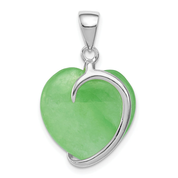 Carat in Karats Sterling Silver Polished Finish Green Jade Heart Charm Pendant (22mm x 16mm)