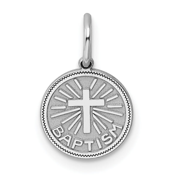 Carat in Karats Sterling Silver Polished Finish Rhodium-Plated Baptism Disc Charm Pendant (15mm x 10mm)