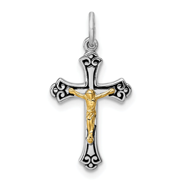 Carat in Karats Sterling Silver Polished Finish Rhodium-Plated Vermeil Crucifix Charm Pendant (21mm x 11mm)