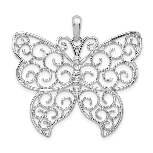 Carat in Karats Sterling Silver Polished Finish Large Beaded Filigree Butterfly Charm Pendant (21.85 mm x 38.75 mm)