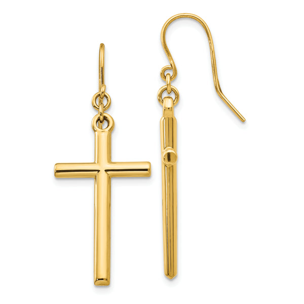 Carat in Karats 14K Yellow Gold Cross Shepherd Hook Dangle Earrings (36mm x 14mm)