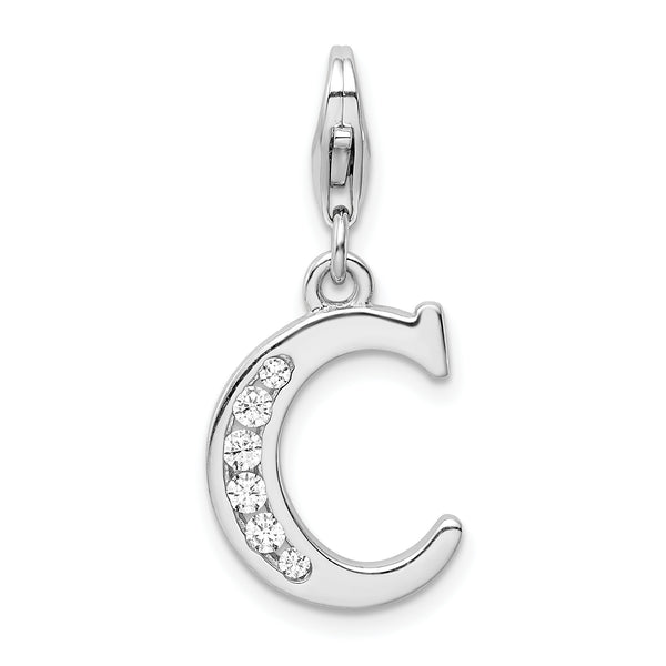 Quilates en quilates Plata esterlina Acabado pulido Rodio CZ Letra C Inicial Encanto con elegante colgante de cierre de langosta (33 mm x 12 mm)