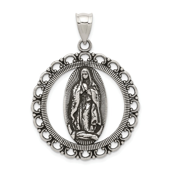 Carat in Karats Sterling Silver Antiqued Religious Ruffled Circle Charm Pendant (40.4mm x 20.2mm)