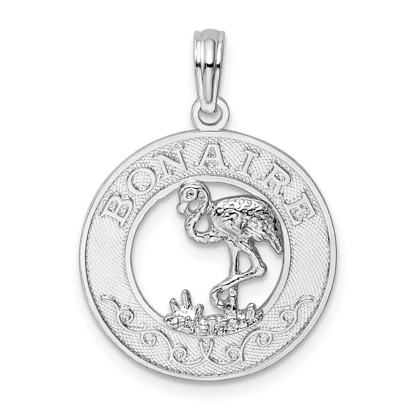 Carat in Karats Sterling Silver Polished Finish Bonaire Circle With Flamingo Charm Pendant (24.77mm)