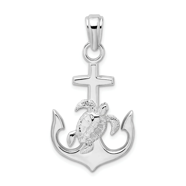 Carat in Karats Sterling Silver Polished Finish Anchor With Sea Turtle Charm Pendant (40mm)