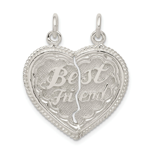 Carat in Karats Sterling Silver Polished Finish Best Friend 2-Piece Break Apart Heart Charm Pendant (26mm x 11mm)