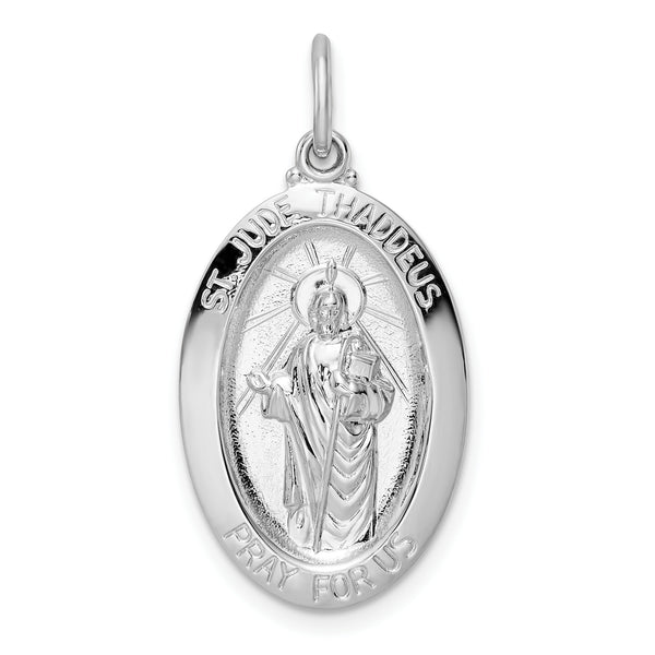 Carat in Karats Sterling Silver Polished Finish Rhodium-Plated Solid Oval St Jude Charm Pendant (32.4mm x 15.97mm)