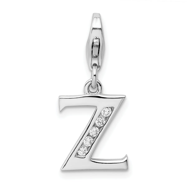 Carat in Karats Sterling Silver Polished Rhodium-Plated Cubic Zirconia Letter Z Initial With Fancy Lobster Clasp Charm Pendant (.5 In x 12mm)