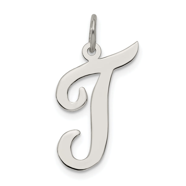 Carat in Karats Sterling Silver Rhodium-Plated Script Letter T Initial Charm Pendant (21mm x 11-15mm)