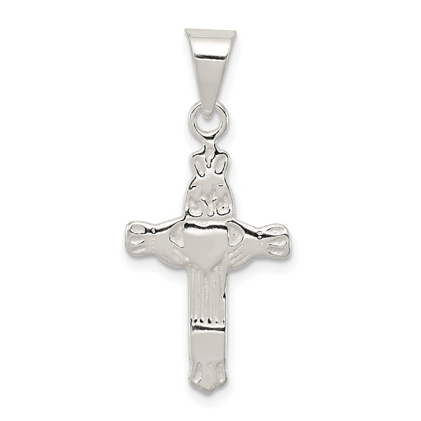 Quilate en quilates de plata de ley con acabado pulido Claddagh Cross Charm Pendant (30 mm x 14 mm)