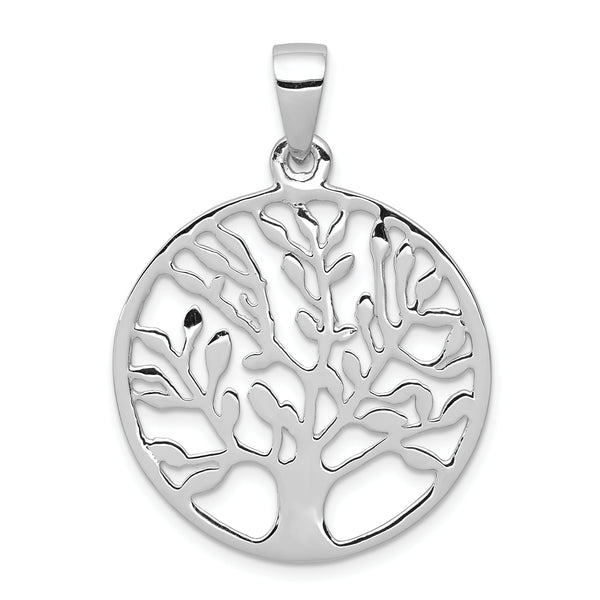 Carat in Karats Sterling Silver Polished Finish Rhodium-Plated Circle With Tree Charm Pendant (26.42 mm x 26.42 mm)