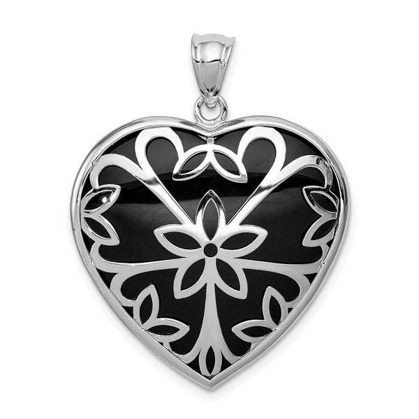 Carat in Karats Sterling Silver Polished Finish Rhodium-Plated Filigree Floral Onyx Heart Dangle Charm Pendant (35.3mm)