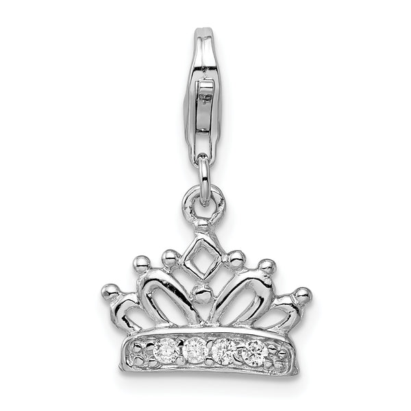 Carat in Karats Sterling Silver Polished Finish Rhodium-Plated CZ Crown Charm With Fancy Lobster Clasp Pendant (23mm x 13mm)