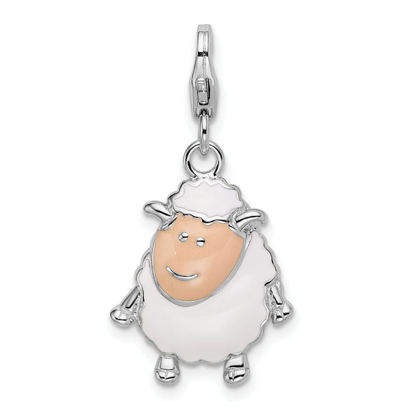 Carat in Karats Sterling Silver Polished Finish Rhodium-Plated Enameled Sheep Charm With Fancy Lobster Clasp Pendant (40mm x 15mm)