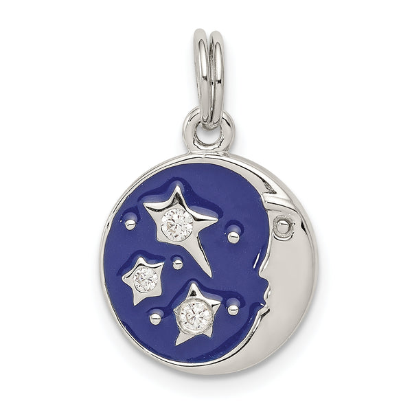 Carat in Karats Sterling Silver Enameled And CZ Moon Star Charm Pendant (22mm x 14mm)