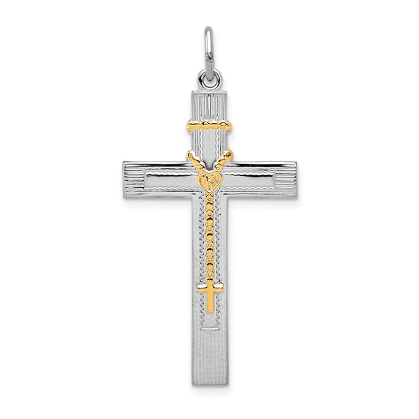 Carat in Karats Sterling Silver Rhodium-Plated Gold -Tone Rosary On Cross Charm Pendant (35 mm x 21 mm)