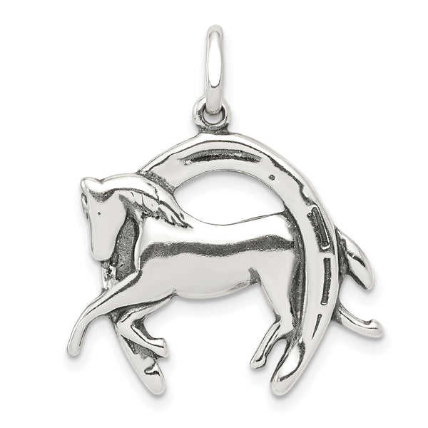 Carat in Karats Sterling Silver Antiqued Horse In Horseshoe Charm Pendant (24mm x 24mm)