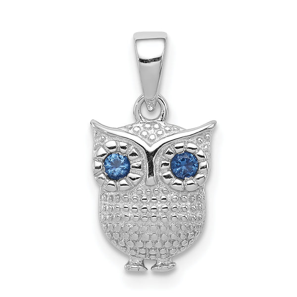 Carat in Karats Sterling Silver Rhodium-Plated With Blue Sapphire Owl Charm Pendant (13.25 mm x 9 mm)