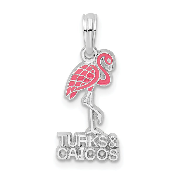 Carat in Karats Sterling Silver Polished Enameled Turks Caicos With Flamingo Charm Pendant (0.86 Inch)