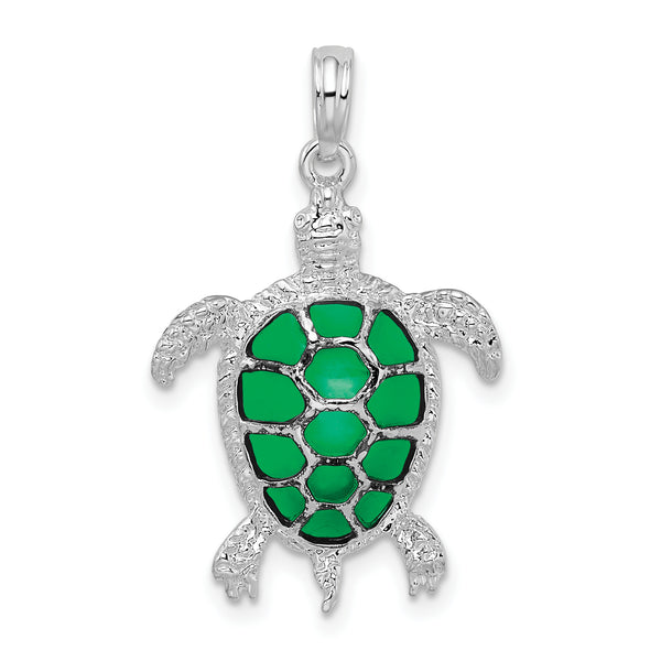 Carat in Karats Sterling Silver Polished Finish Enameled Green Sea Turtle Charm Pendant (29mm x 18mm)