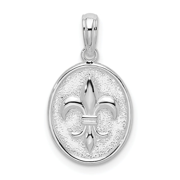 Carat in Karats Sterling Silver Polished Finish And Textured Fleur De Lis Med Oval Charm Pendant (14 mm x 11 mm)