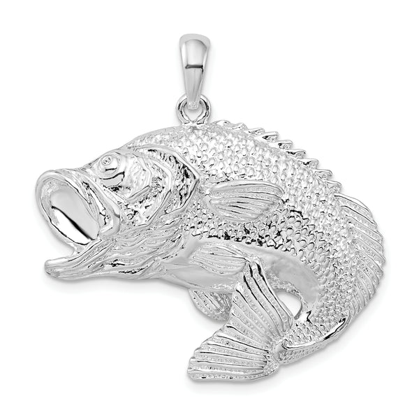 Carat in Karats Sterling Silver Polished Finish Jumping Bass Fish Charm Pendant (34mm x 35mm)