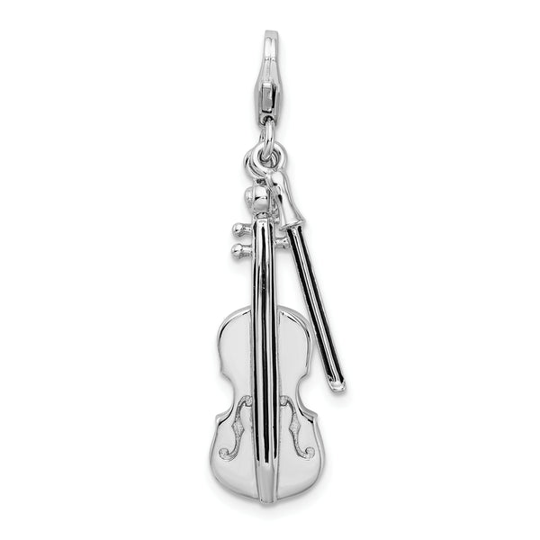 Carat in Karats Sterling Silver Polished Finish Rhodium-Plated 3-D Violin With Antiqued Bow Charm With Fancy Lobster Clasp Pendant (46mm x 10mm)