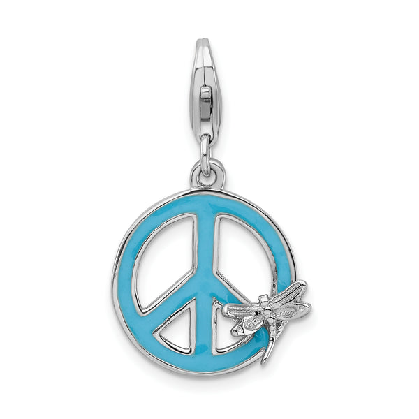 Carat in Karats Sterling Silver Polished Rhodium-Plated Enameled Peace Sign With Dragonfly With Fancy Lobster Clasp Charm Pendant (1.45 Inch x 0.66 Inch)