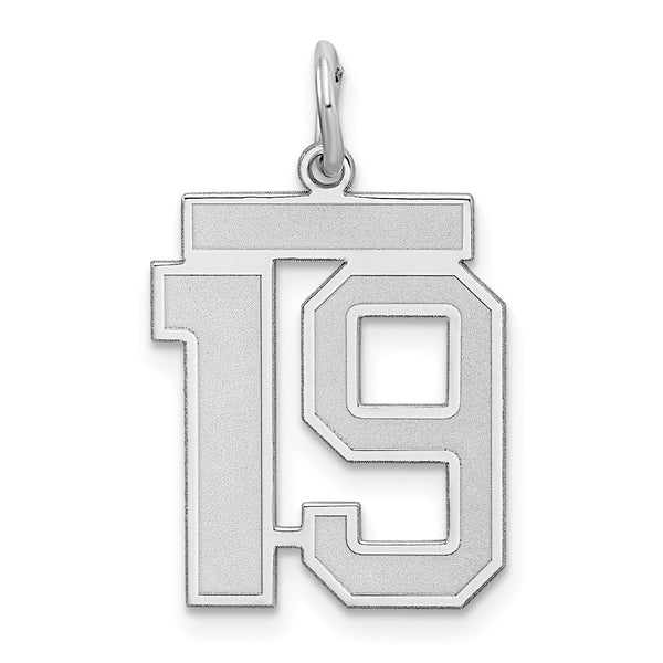 Carat in Karats Sterling Silver Polished Finish Laser Design Rhodium-Plated Satin Number 19 Charm Pendant (22mm x 18mm)