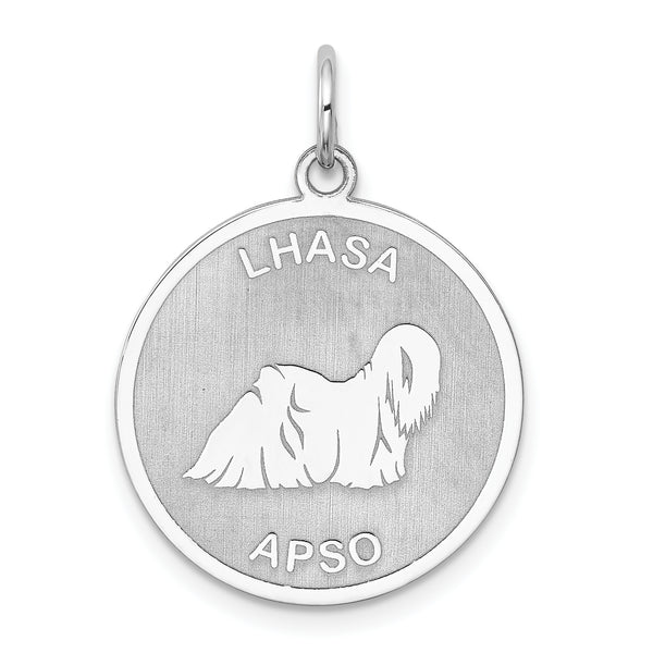 Quilate en quilates Plata de ley con diseño láser Colgante de disco de Lhasa Apso chapado en rodio (26 mm x 19 mm)