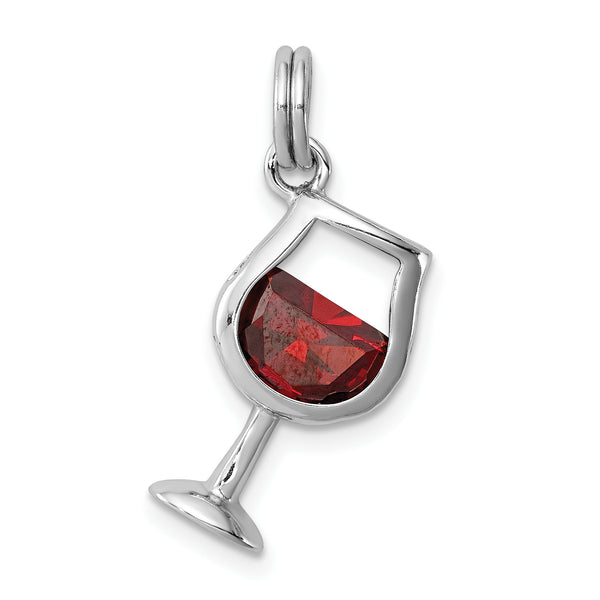 Carat in Karats Sterling Silver Polished Rhodium-Plated Red Cubic Zirconia Wine Glass Charm Pendant (0.86 Inch x 0.39 Inch)